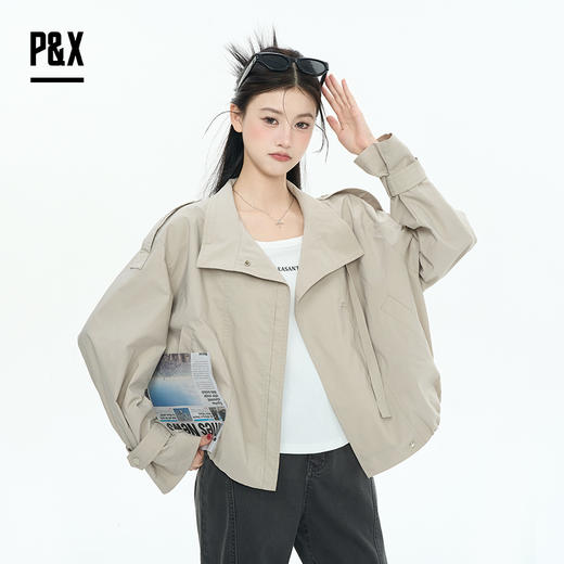 P&X设计师女装2025秋季长袖直筒纯色梭织短款外套825313183 卡其 商品图4