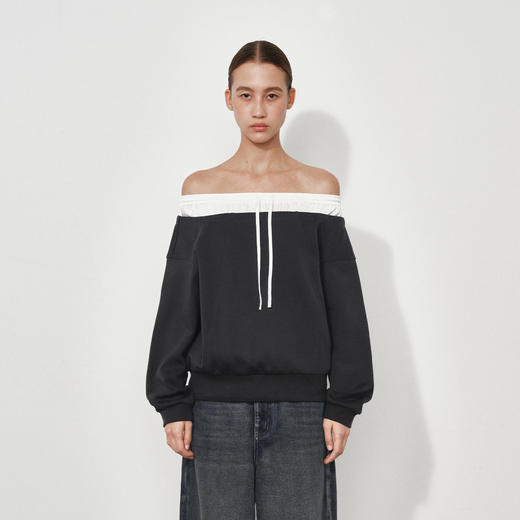 NUTH拼接撞色宽松一字领露肩卫衣 深灰色 商品图3