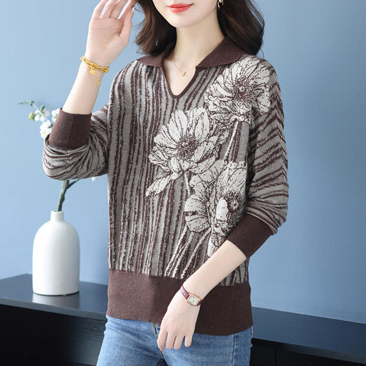 秋季女士洋气印花毛衣大码妈妈装上衣2025秋冬新款显瘦遮肉打底衫 商品图0