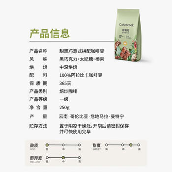 布蕾克（cafebreak）咖啡豆金奖甜黑巧意式拼配手冲中深烘焙美式拿铁250g年货节礼物 /水饮冲调 /咖啡 /咖啡豆/粉 商品图1