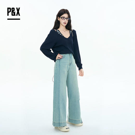 P&X设计师女装2025秋季高腰阔腿裤梨型裤牛仔长裤825310241 蓝色 商品图3