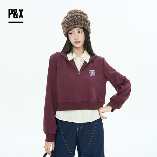 P&X设计师女装2025秋季休闲风女学院风短款卫衣825317140 紫/杏 商品图0