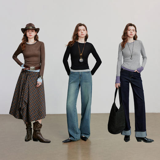 初语撞色抽褶长袖T恤女2025天丝羊毛衫收腰设计感上衣8531001 商品图4