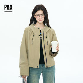 P&X设计师女装2025秋季连帽短款风衣拉链插肩袖825319170 卡其