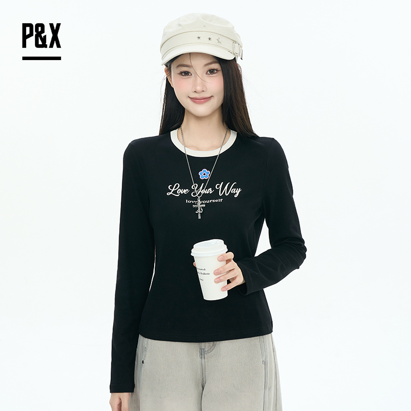 P&X设计师女装2025秋季长袖圆领百搭T恤修身打底衫825302206 黑色