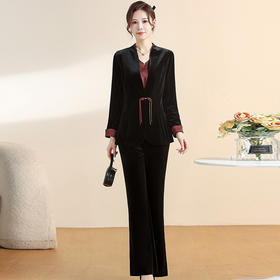 QYM CS24C46-Y三件套职业小衫+西装外套+长款微喇裤
