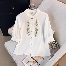 XNS9513新中式复古高档提花刺绣中袖衬衫上衣国潮气质宽松休闲衬衣女