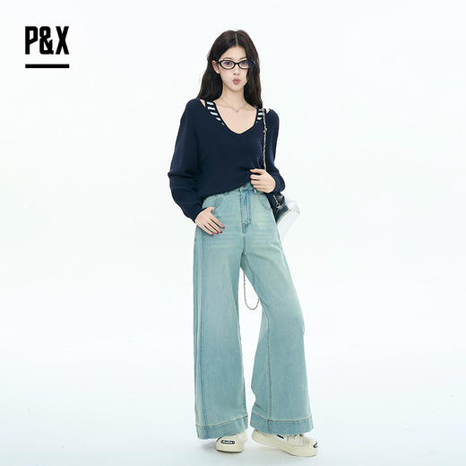 P&X设计师女装2025秋季高腰阔腿裤梨型裤牛仔长裤825310241 蓝色 商品图1