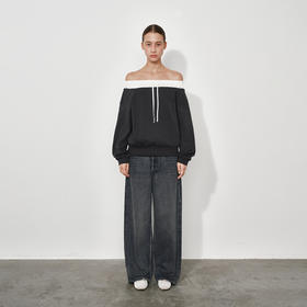 NUTH拼接撞色宽松一字领露肩卫衣 深灰色