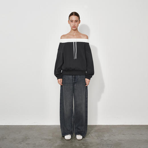 NUTH拼接撞色宽松一字领露肩卫衣 深灰色 商品图0