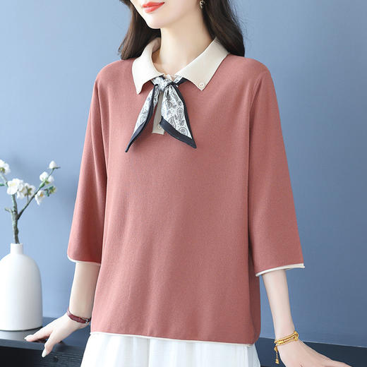 丝巾翻领上衣女春秋薄款打底衫漂亮气质减龄针织衫2025秋季妈妈装 商品图2