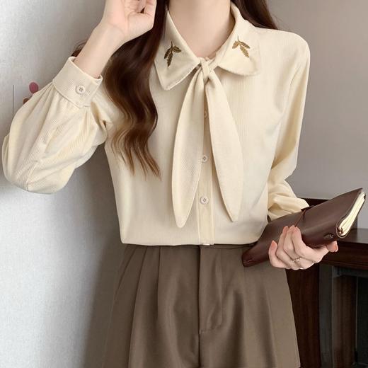 【百搭刺绣系带法式长袖衬衫】秋季新款 设计感胖mm遮肚上衣藏肉 商品图2