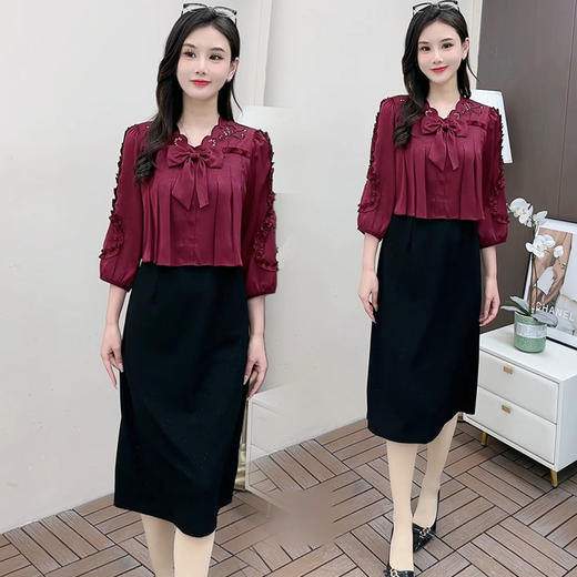 QYM 5A25212-Y蝴蝶结时尚连衣裙时尚拼结假两件连衣裙高腰开衩裙 商品图2