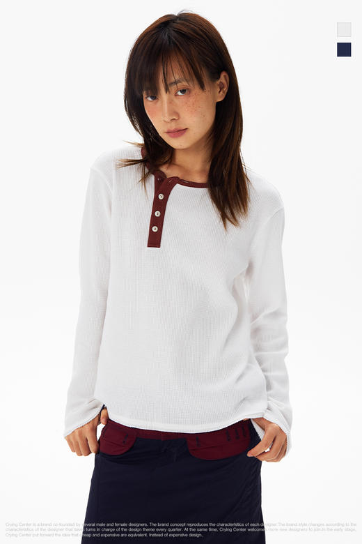 CryingCenter 中性 华夫格斜门襟双色纽扣圆领长袖tee 哭喊中心 商品图5