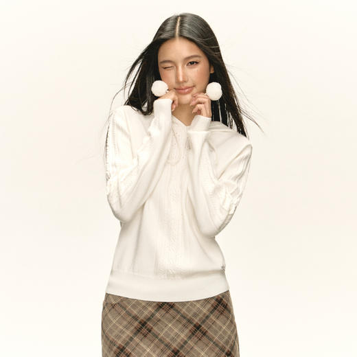 Ariseism 美式复古设计感白色毛球镂空连帽毛衣女秋新款宽松上衣 商品图2