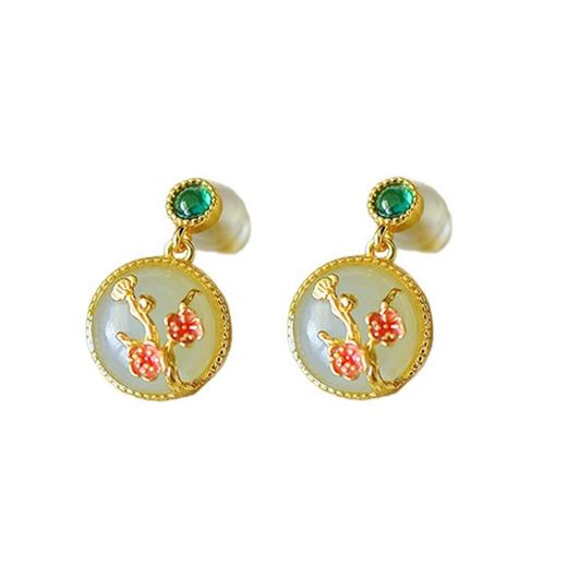 【预售3天】宫廷复古风和田玉耳饰纯银玉石耳环珐琅梅花白玉耳钉2754-2T 商品图4