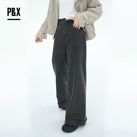 P&X设计师女装2025秋季丹宁女复古阔腿牛仔长裤825310249 黑色 商品图3