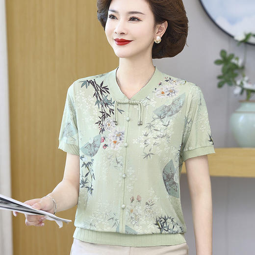 洋气妈妈夏装短袖上衣新中式冰丝时尚T恤中老年女国风小衫两件套 商品图0