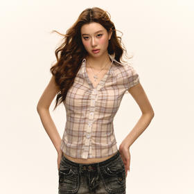 Ariseism 美式复古设计感格纹紧身短袖衬衫女夏季新款修身上衣