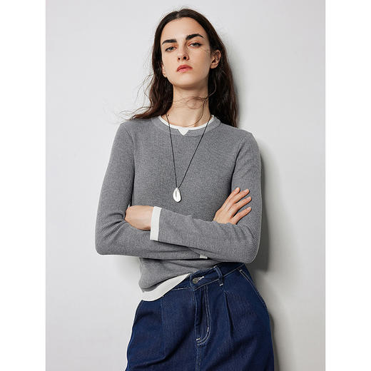 TOYOUTH初语羊毛混纺针织衫女假两件撞色修身打底衫8433013 商品图2