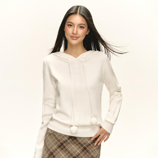 Ariseism 美式复古设计感白色毛球镂空连帽毛衣女秋新款宽松上衣 商品图1