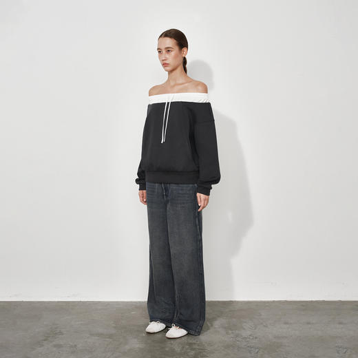 NUTH拼接撞色宽松一字领露肩卫衣 深灰色 商品图2