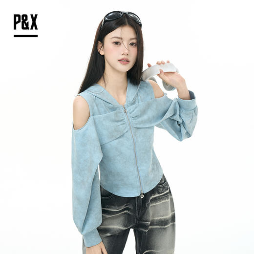 P&X设计师女装2025秋季长袖时尚修身拉链短款T恤825302200 蓝色 商品图1