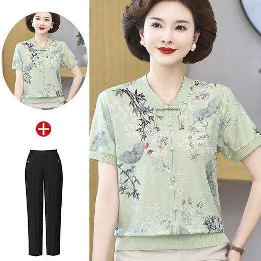 洋气妈妈夏装短袖上衣新中式冰丝时尚T恤中老年女国风小衫两件套 商品图3