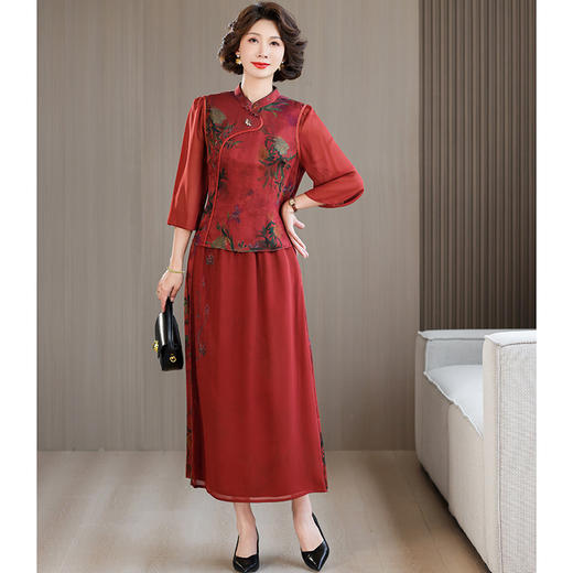 AHM yqwl5536新中式印花套装复古优雅衬衫半身裙两件套 商品图2