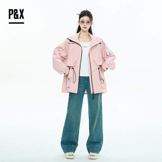 P&X设计师女装2025秋季防风极简风口袋短款风衣825319172 粉色 商品图2