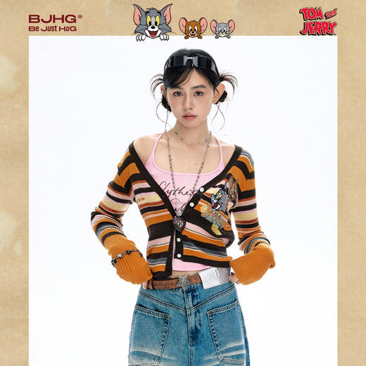 【猫和老鼠联名】BJHG不计后果条纹毛衣女款秋冬复古针织开衫上衣 商品图0