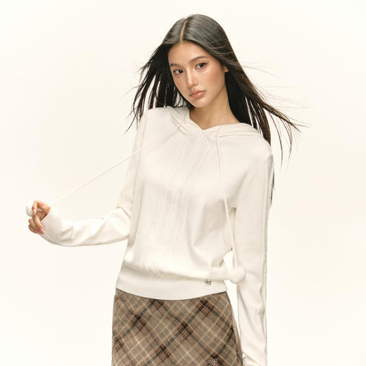Ariseism 美式复古设计感白色毛球镂空连帽毛衣女秋新款宽松上衣 商品图0