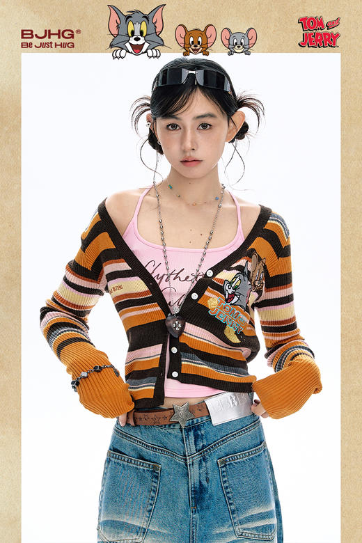 【猫和老鼠联名】BJHG不计后果条纹毛衣女款秋冬复古针织开衫上衣 商品图5