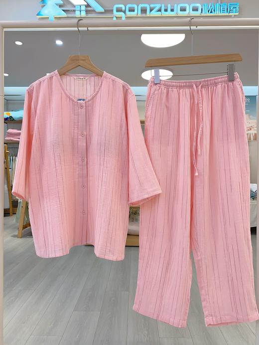 松植屋女款中袖长裤新中式睡衣套装 纯棉纱布带胸垫七分袖夏季女士圆领家居服 商品图1