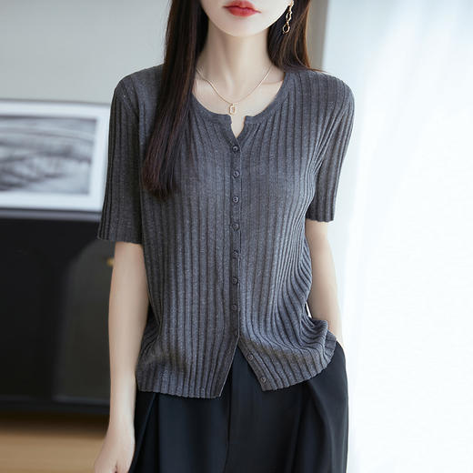 天丝亚麻抽条圆领短袖针织开衫，薄款百搭五分袖打底上衣YN-S-95039 商品图3