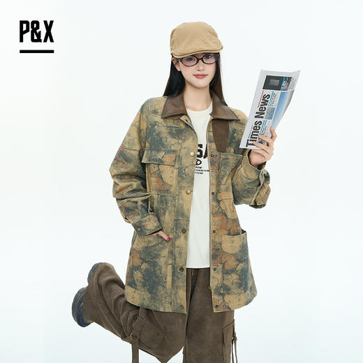 P&X设计师女装2025秋季高街迷彩牛仔中长款外套825313193 花色 商品图3