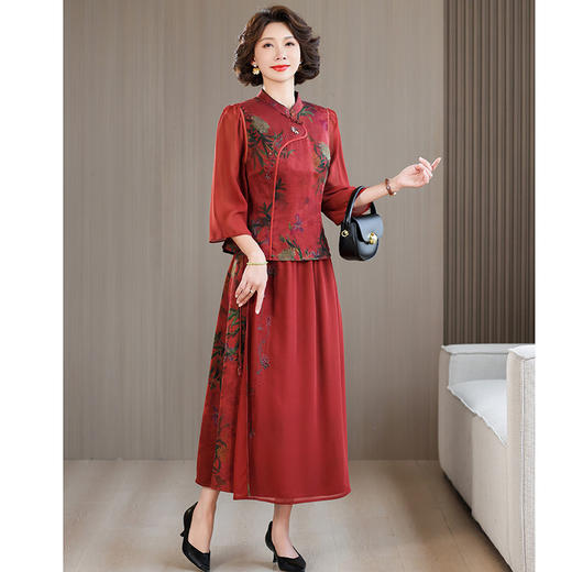 AHM yqwl5536新中式印花套装复古优雅衬衫半身裙两件套 商品图3