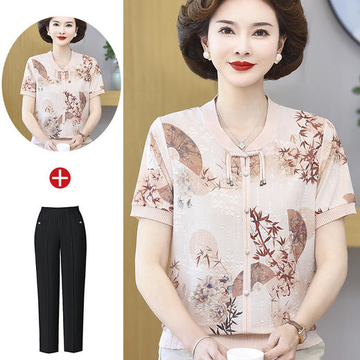 洋气妈妈夏装短袖上衣新中式冰丝时尚T恤中老年女国风小衫两件套 商品图10