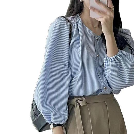 【秋季圆领条纹衬衫】新款高级设计感舒适宽松 气质单排纽扣上衣  商品图4