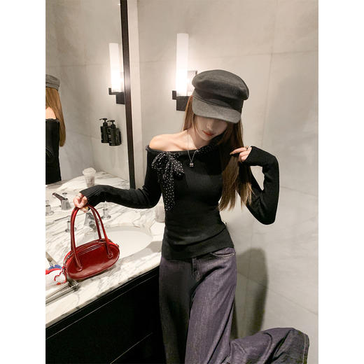 【129元任选2件】现货！蝴蝶结露肩修身针织衫 商品图2