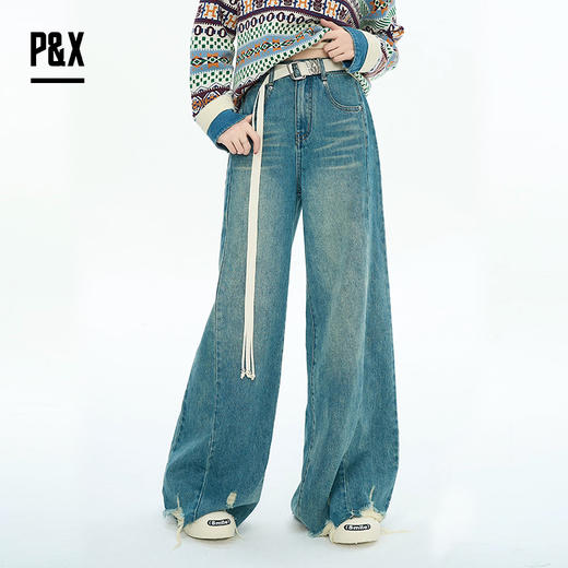 P&X设计师女装2025秋季高腰阔腿显瘦磨破牛仔长裤 825310244 蓝色 商品图0