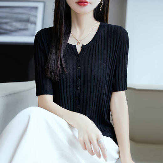 天丝亚麻抽条圆领短袖针织开衫，薄款百搭五分袖打底上衣YN-S-95039 商品图1