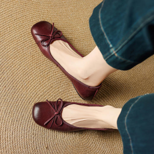 【预售5天】真皮酒红色蝴蝶结浅口单鞋，圆头软皮豆豆鞋平底芭蕾舞鞋NJMK&K1723 商品图2