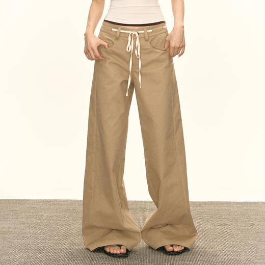 Ariseism 美式复古设计感绑绳卡其色阔腿休闲裤女秋季新款长裤子 商品图0
