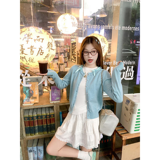 【149元任选2件】现货！韩系少女花边蝴蝶结蓝色针织开衫 商品图3