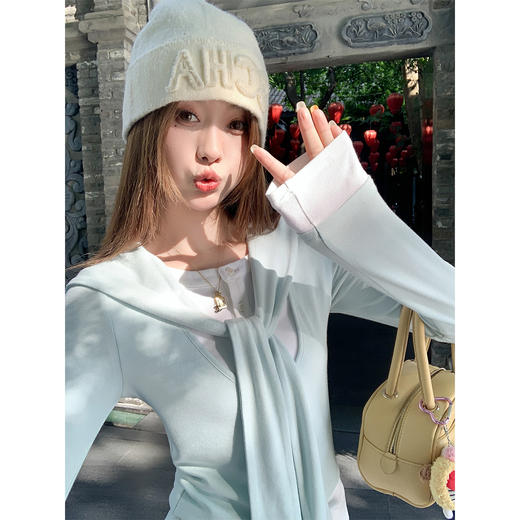 <曾小咸推荐>撞色设计感假两件女修身长袖T恤 商品图1