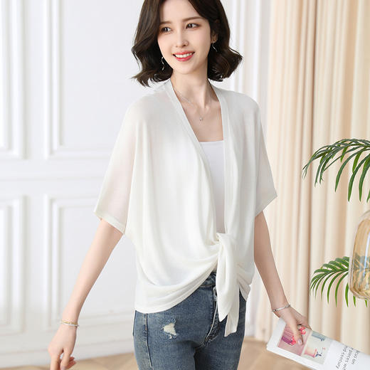 冰丝针织衫薄款下摆打结防晒开衫，中袖空调披肩上衣CC-60-513 商品图1
