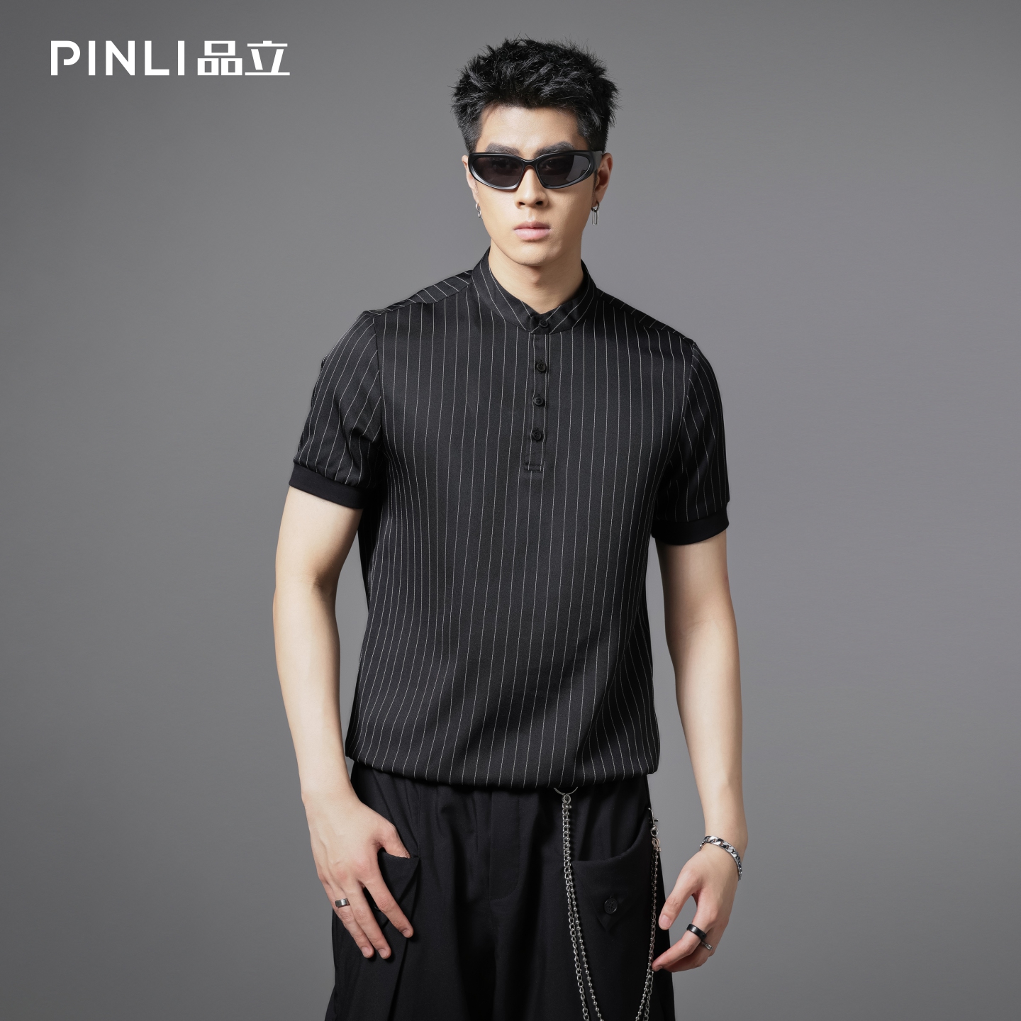 PINLI品立2025夏季新款商务休闲短袖衬衫男条纹立领修身衬衣上衣B242113154
