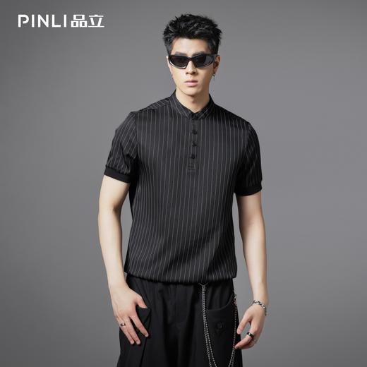 PINLI品立2025夏季新款商务休闲短袖衬衫男条纹立领修身衬衣上衣B242113154 商品图0