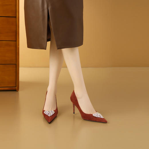 【预售7天】高级感尖头水钻高跟鞋女细跟春秋季新款真皮气质百搭浅口单鞋CX&B0810 商品图2